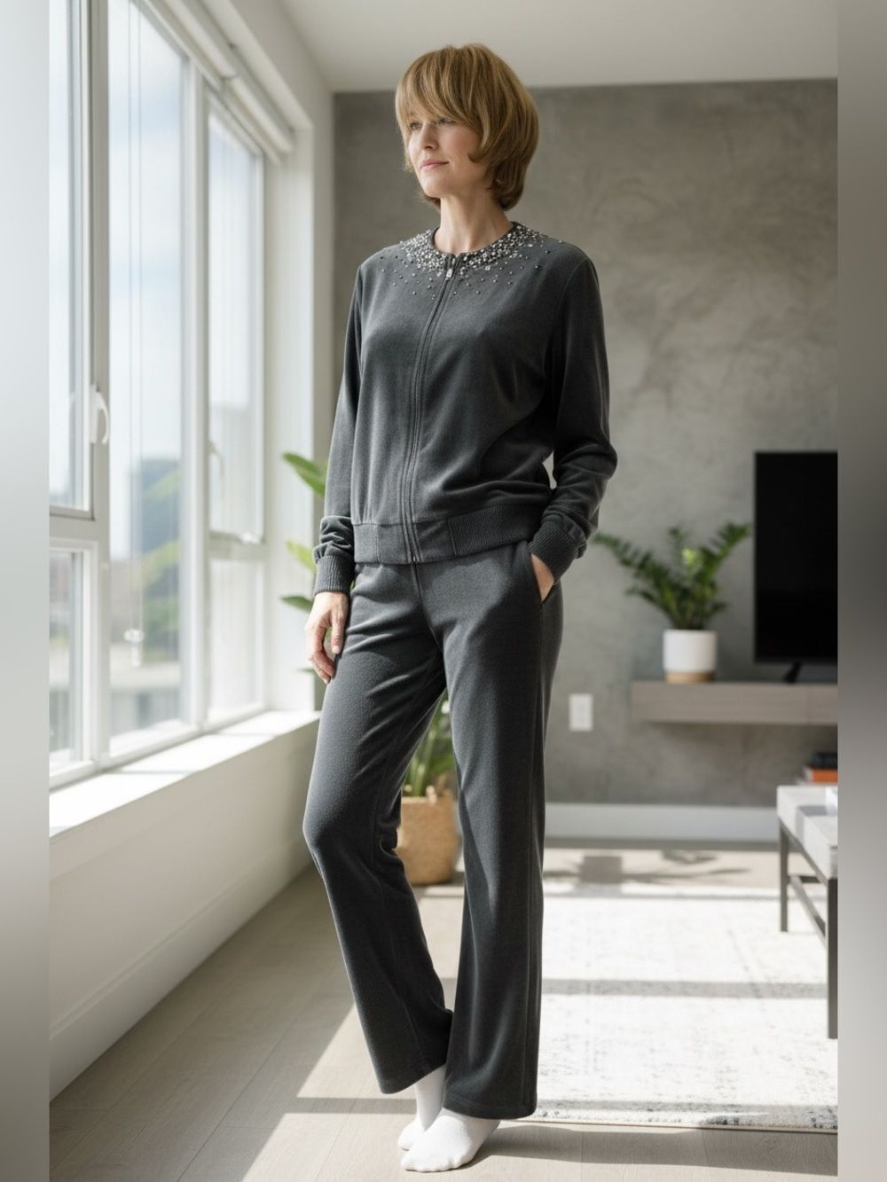 Bloomingdales Y2K Gray Velour Beaded Zipped Jacket & Sweatpants Tracksuit Set L